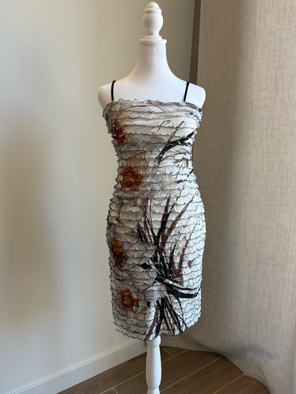 dressbarn White Ruffle Midi Dress with Orange Floral Accents
